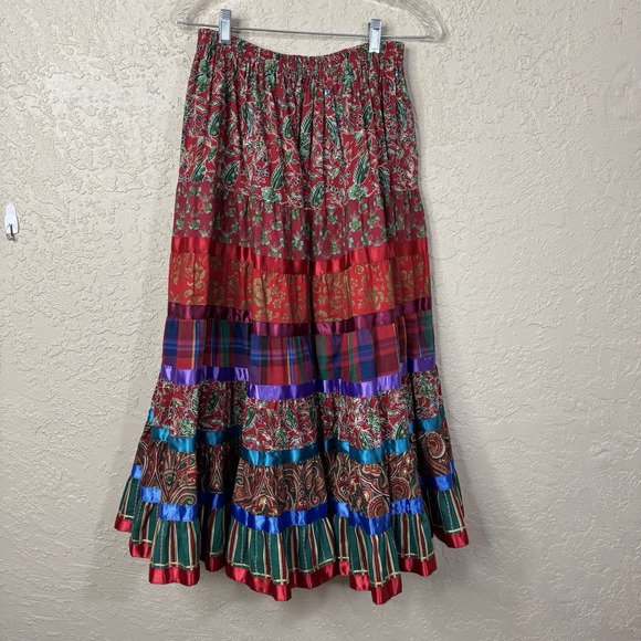Dresses & Skirts - Women's Bohemian Tiered Patchwork Midi Skirt Size XS Gypsy Hippie Square Dance